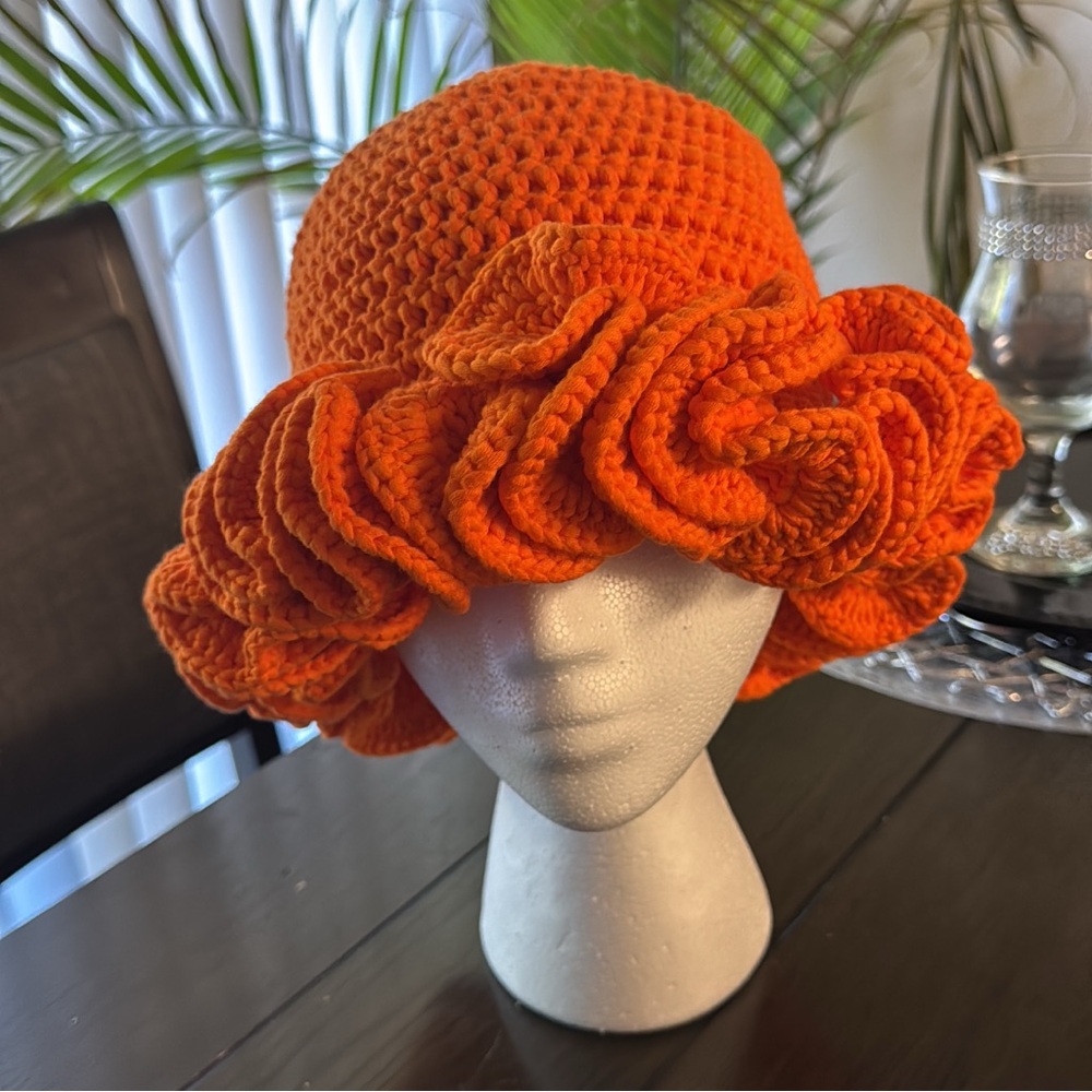 Orange Crochet Hat with Ruffled Brim